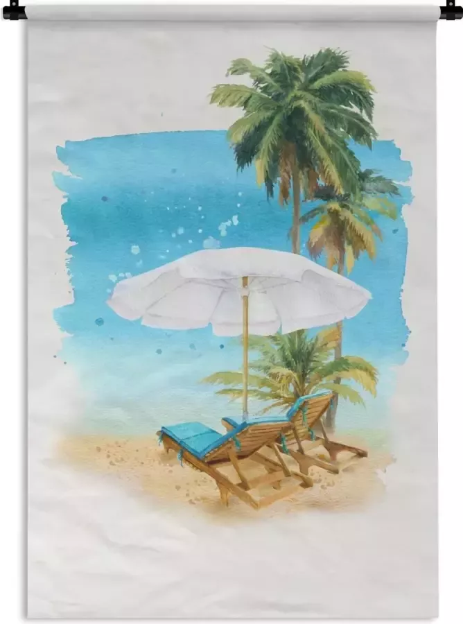 1001Tapestries Wandkleed Wanddoek Strandstoel Parasol Palmboom- Zee 90x135 cm Wandtapijt