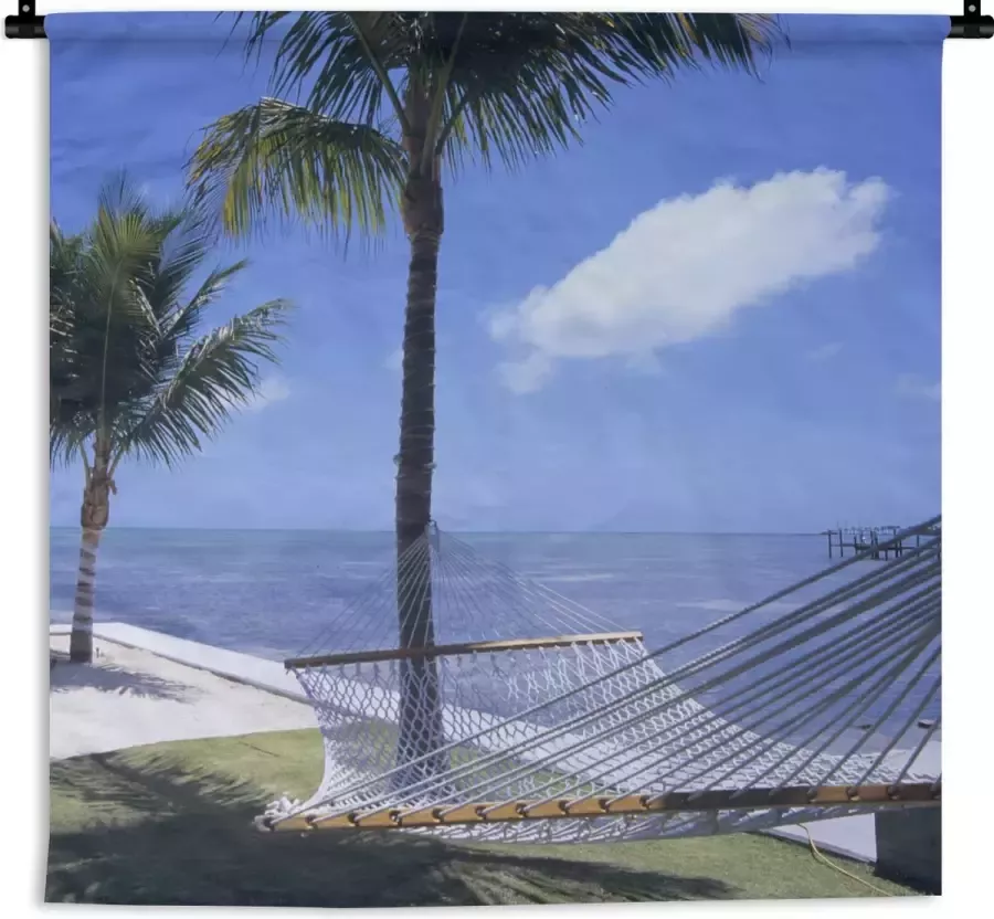 1001Tapestries Wandkleed Wanddoek Zee Hangmat Palmboom 120x120 cm Wandtapijt - Foto 2