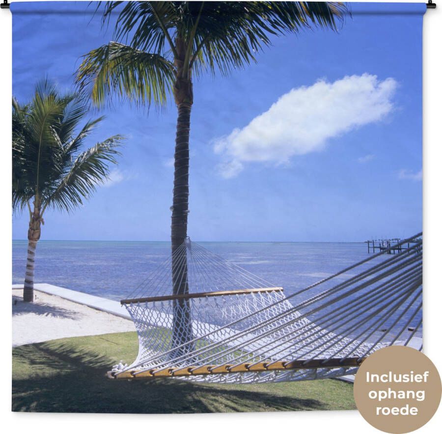1001Tapestries Wandkleed Wanddoek Zee Hangmat Palmboom 180x180 cm Wandtapijt