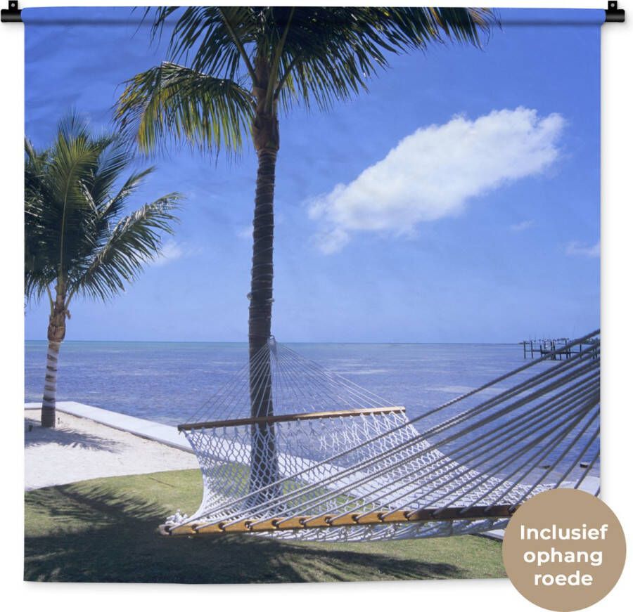 1001Tapestries Wandkleed Wanddoek Zee Hangmat Palmboom 90x90 cm Wandtapijt
