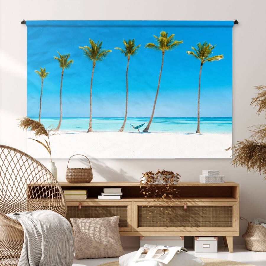 1001Tapestries Wandkleed Wanddoek Zee Palmbomen Hangmat 180x120 cm Wandtapijt