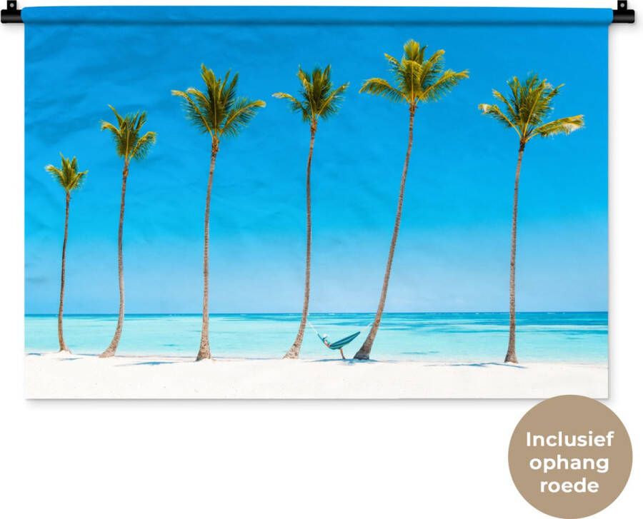 1001Tapestries Wandkleed Wanddoek Zee Palmbomen Hangmat 90x60 cm Wandtapijt