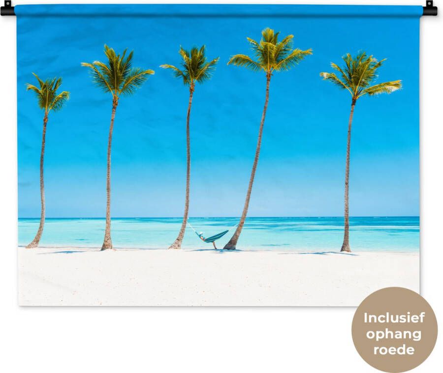1001Tapestries Wandkleed Wanddoek Zee Palmbomen Hangmat 90x67.5 cm Wandtapijt