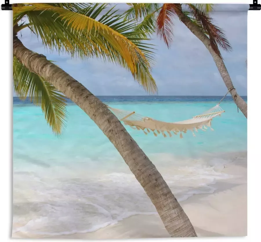 1001Tapestries Wandkleed Wanddoek Zee Palmboom Hangmat 120x120 cm Wandtapijt