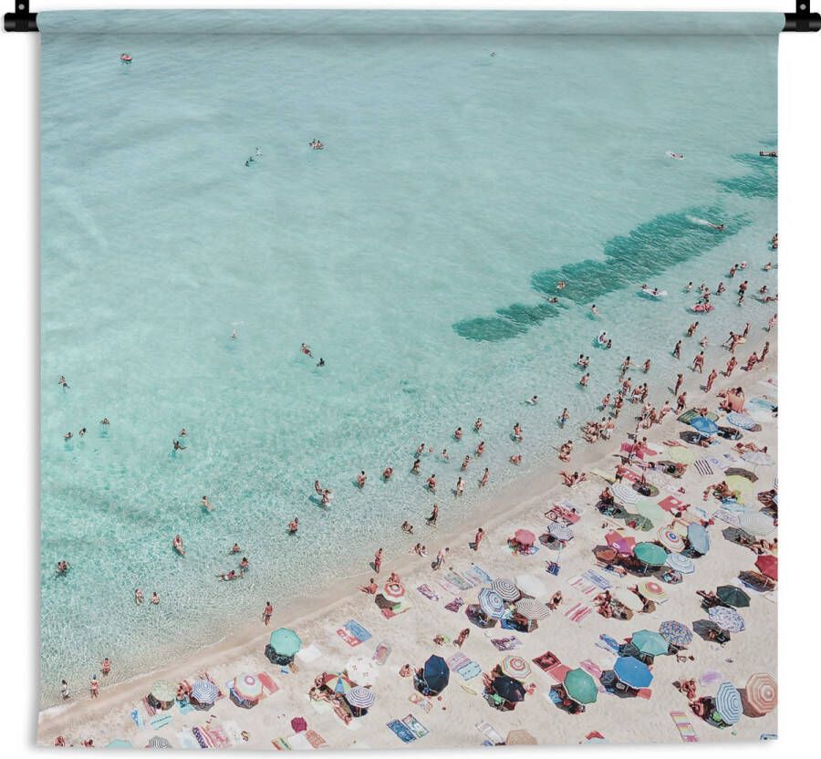 1001Tapestries Wandkleed Wanddoek Zee Strand Parasols Blauw Zomer 120x160 cm Wandtapijt