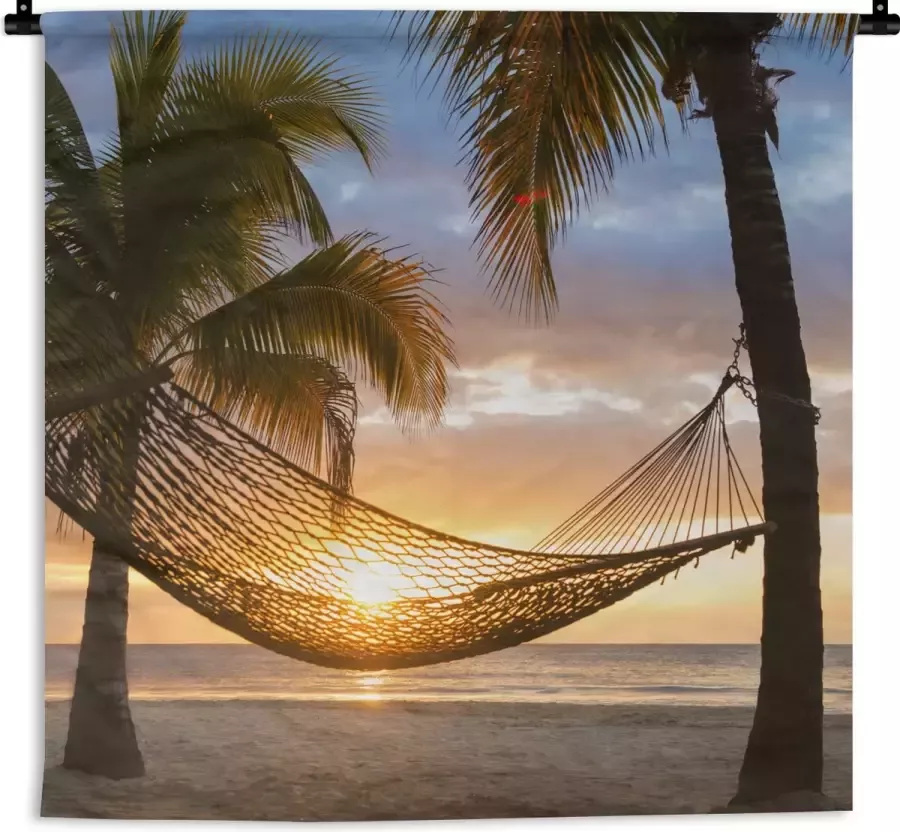 1001Tapestries Wandkleed Wanddoek Zonsondergang Hangmat Palmboom 120x120 cm Wandtapijt - Foto 2