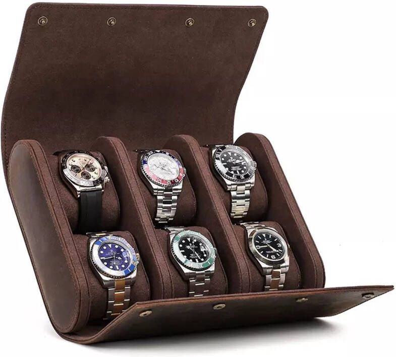 123kapstokken Luxe Horlogebox 6 Stuks – Horlogedoos Leer 6 stuks – Horlogedoos – Horloge Etui Leer – Watch Roll – Horloge Houder Sieradendoos – Horloge Opbergdoos Heren – Bruin