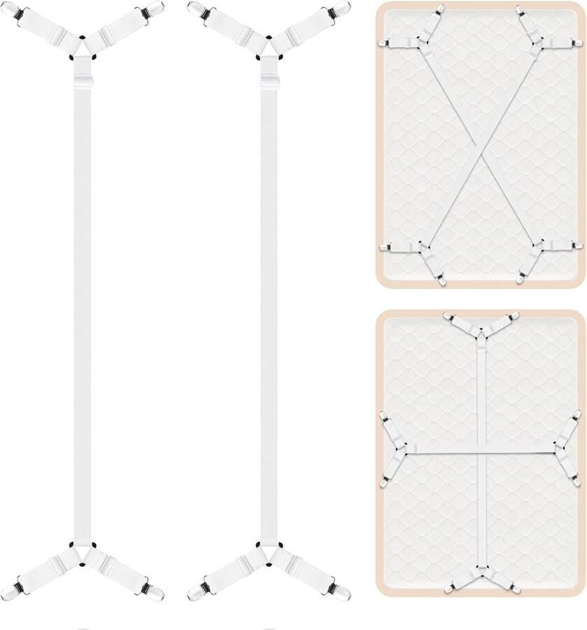 2.39 2x Verlengde Laken Clips met 4 Metalen Klemmen – Verstelbare Elastische Hoekbanden – Lakenhouders voor Matrassen Bedtextiel Sofa of Zitkussens – Anti-Slip Bedbinder Set – Wit