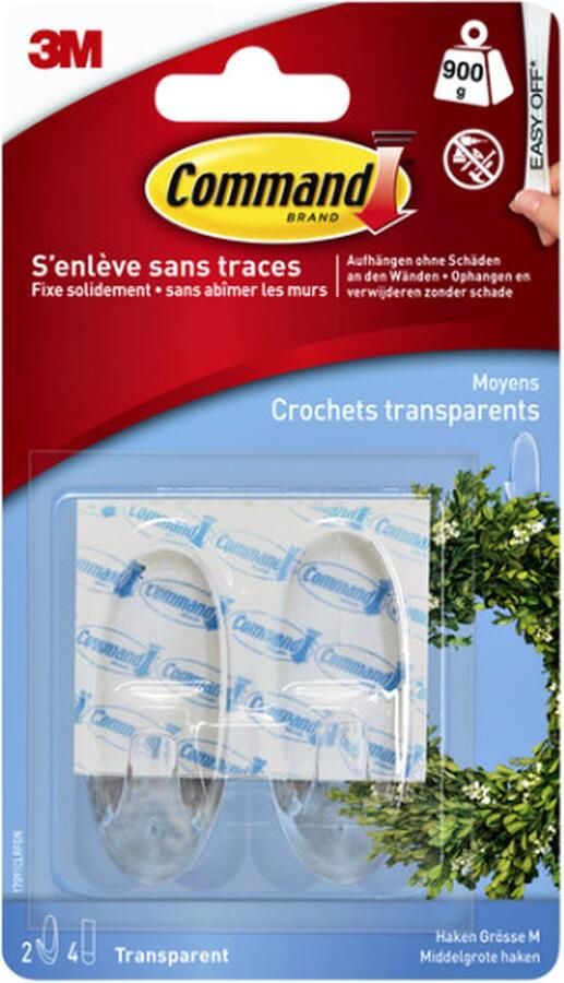 3M Command™ Doorzichtige Haken met Doorzichtige Strips Medium 2HKS+4S PK