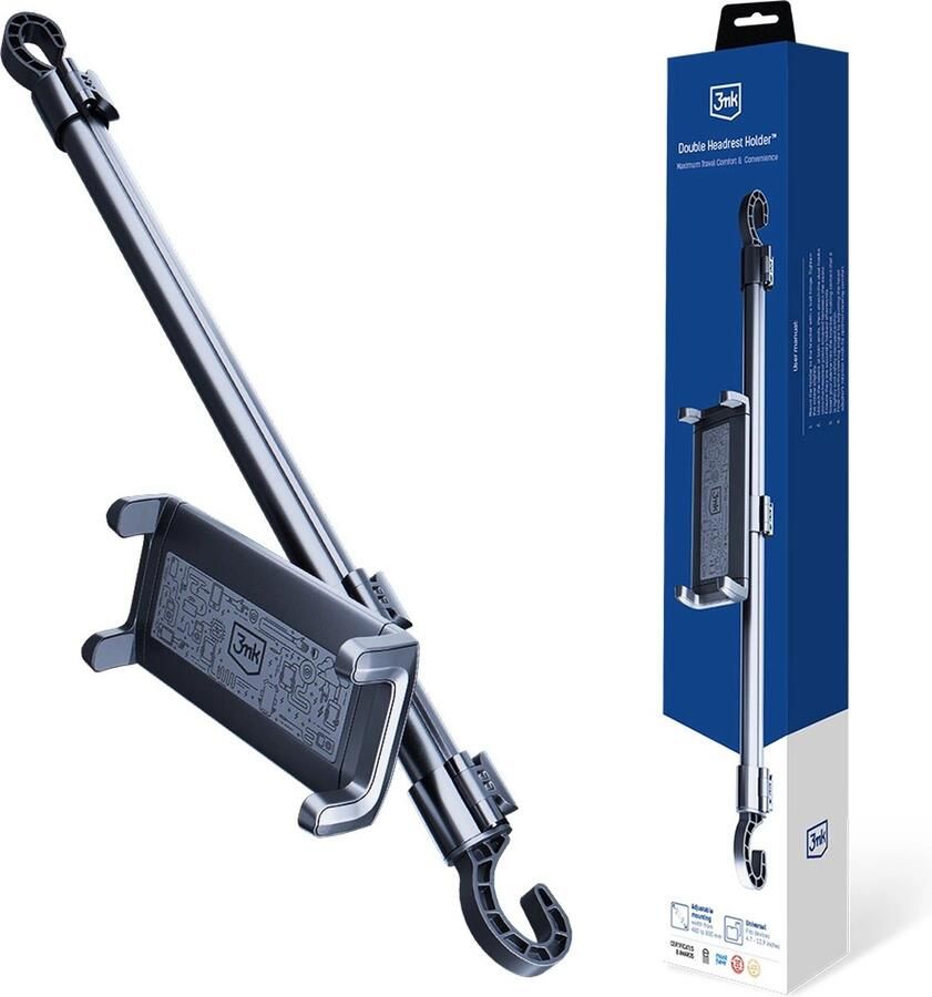 3mk Protection 3mk Dubbele Hoofdsteunhouder voor in de auto voor een tablet of telefoon op de hoofdsteunen zwart