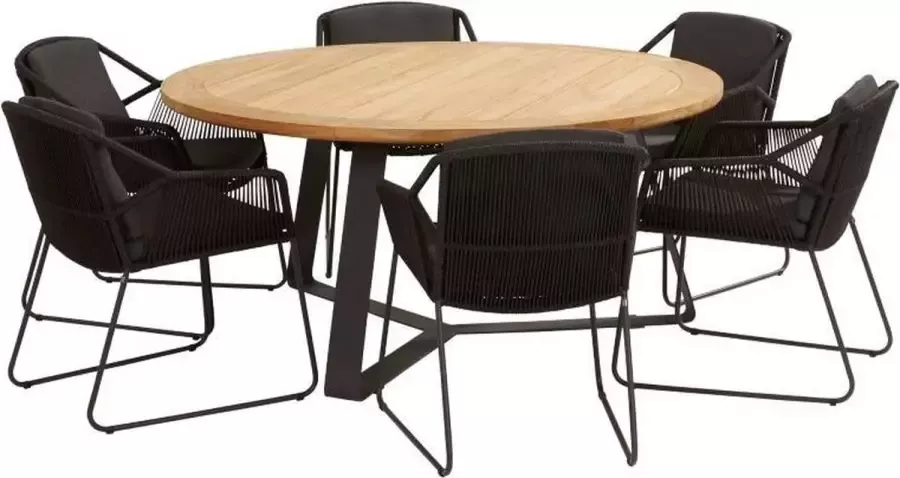 4 Seasons Outdoor Accor tuinset antraciet met teak ronde Basso tafel met alu poten