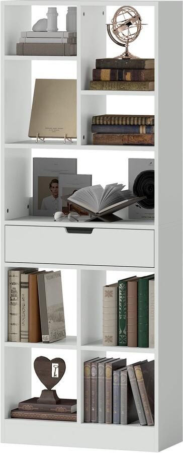 4Goodz Boekenkast met 9 vakken en 1 lade 24x60x158 cm Wit