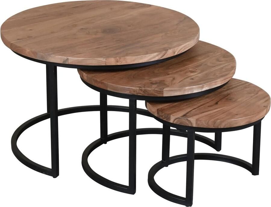 Mangoe Meubels Salontafels rond set van 3 Acaciahout Groot 3 cm blad
