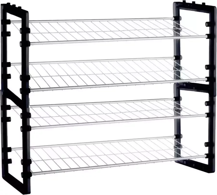 5five 2x Stuks schoenenrek schoenenkast stapelbaar zilver zwart 8 paar schoenen 50 x 65 cm van metaal kunststof Schoenen opbergen