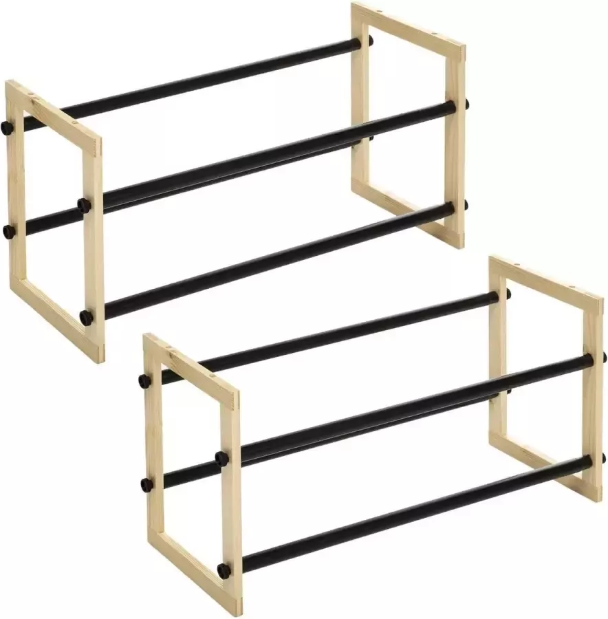 5five 2x Stuks schoenenrek schoenenkast uitschuifbaar zwart naturel 6-12 paar schoenen 60 x 30 cm metaal hout- Schoenen opbergen