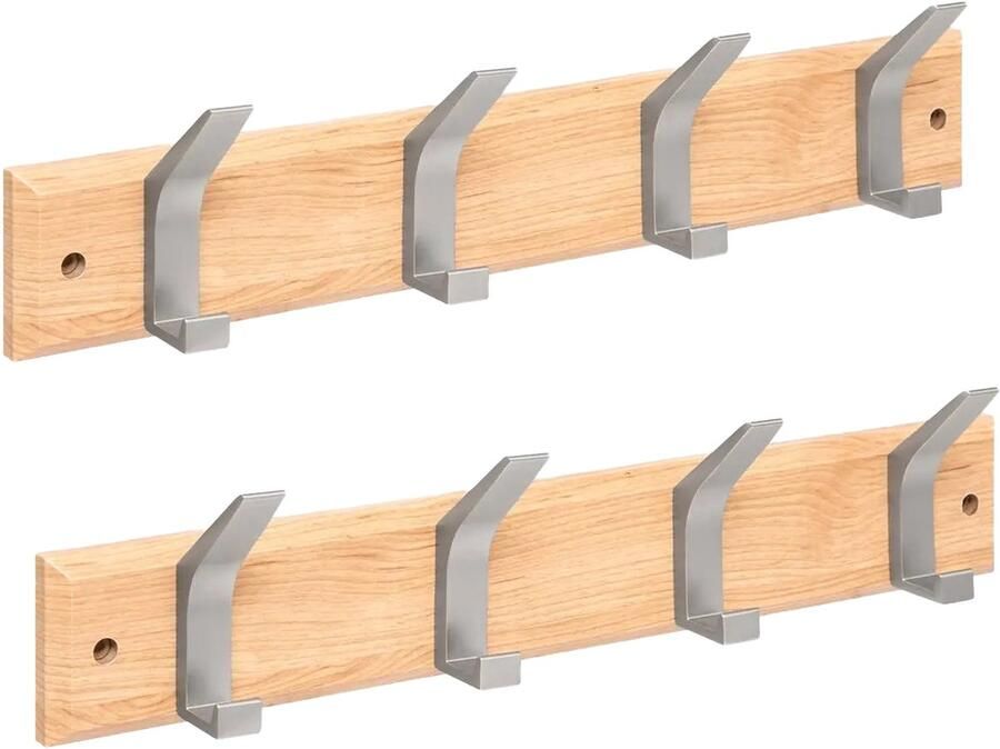 5five Kapstok 2x 4 ophang haken RVS naturel zilver 45 x 10 cm wandkapstok voor hal of badkamer