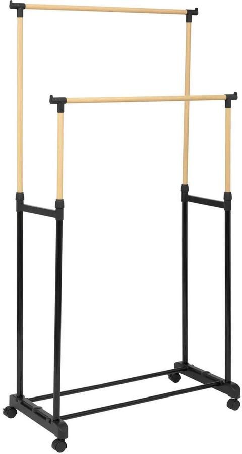 5five Kledingrek met dubbele stang kunststof metaal zwart naturel 86 x 42 x 165 cm op zwenkwielen uitschuifbaar omhoog