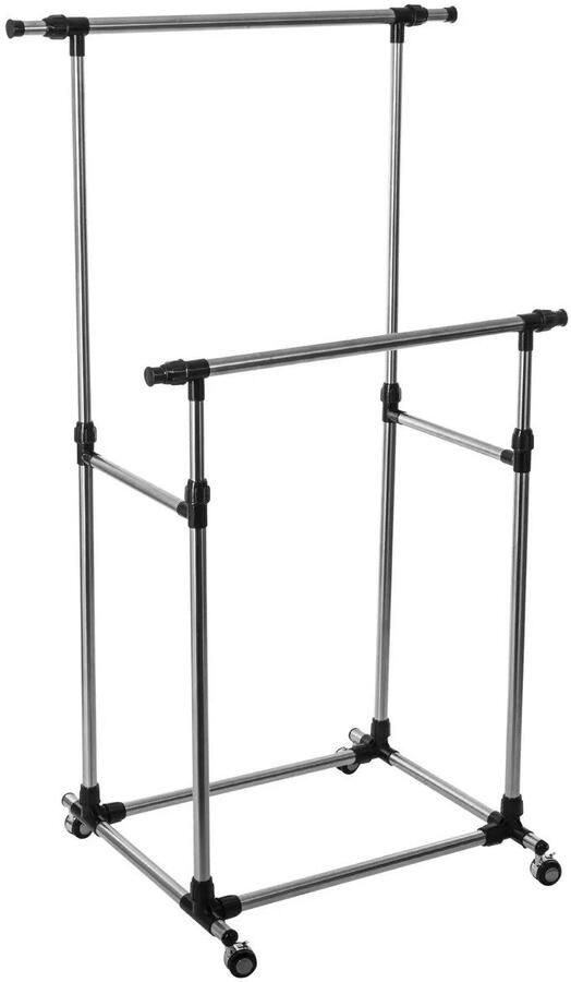 5five Kledingrek met dubbele stang kunststof metaal zwart zilver 150 x 66 x 166 cm op zwenkwielen uitschuifbaar omhoog en in breedte