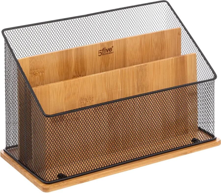 5five Lectuurbak zwart 29x14x20 cm mesh en bamboe hout tijdschriftenrek bureau organizer