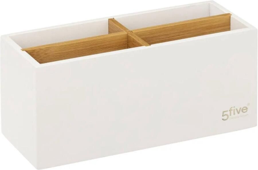 5five Organizer bamboe en wit hout 4 vakken Bureau bakje met vakjes Make up opberger 21 x 8 x 9 cm