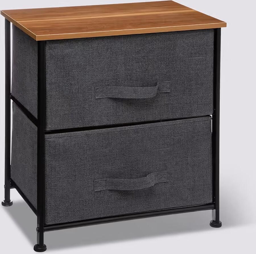 5five Opbergmandkastje nachtkastje 2x manden 45 x 30 x 51 cm metaal hout stof donkergrijs - Foto 2