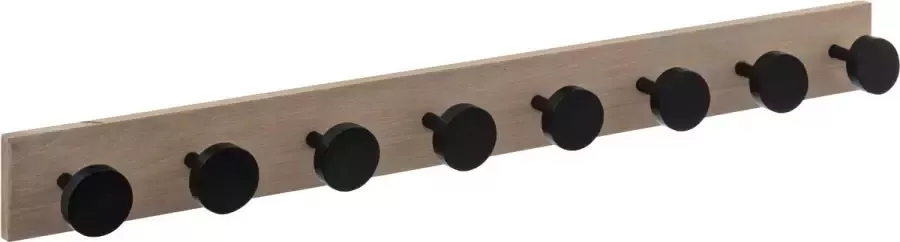 5five Kapstok rek voor wand muur lichtbruin zwart 8x ophanghaken knoppen MDF ijzer 80 x 8 cm