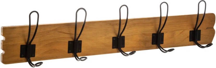 5five Kapstok rek wand muur lichtbruin 5 zwarte ophanghaken 10 knoppen dennenhout metaal B64 x H14 cm