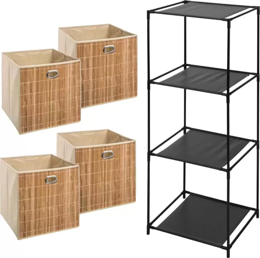 5Five Opbergrek Smartrack met 4x mandjes stof bamboe beige 34 x 98 cm Opbergkastjes