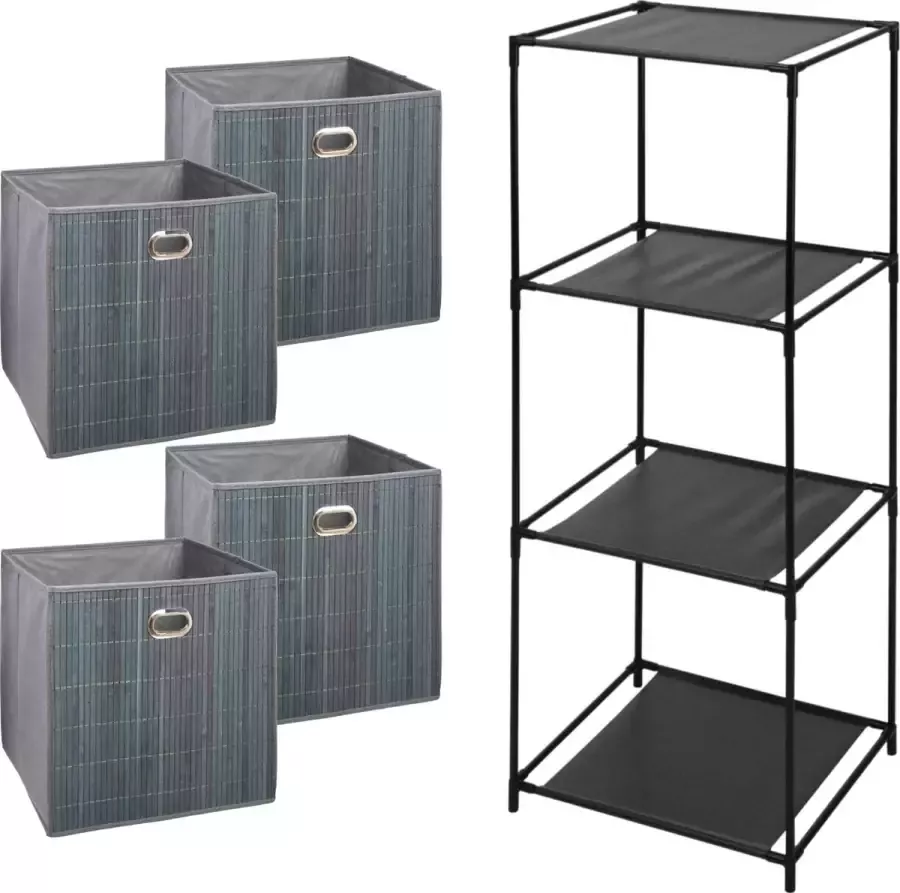 5Five Opbergrek Smartrack met 4x mandjes stof bamboe grijs 34 x 98 cm Opbergkastjes