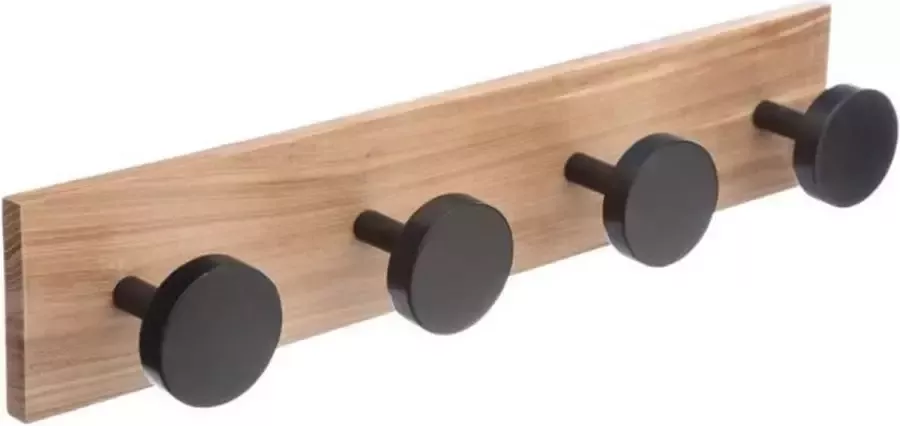 5five Kapstok rek voor wand muur lichtbruin zwart 4 ophanghaken knoppen MDF ijzer 40 x 8 cm