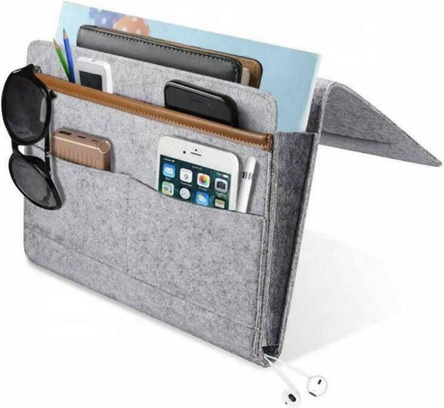 7Style Collection Bedside Pocket Opbergzak Bed en Bank Organizer – Lectuurbak en Tijdschriftenhouder met Extra Opbergvakken – Grijs