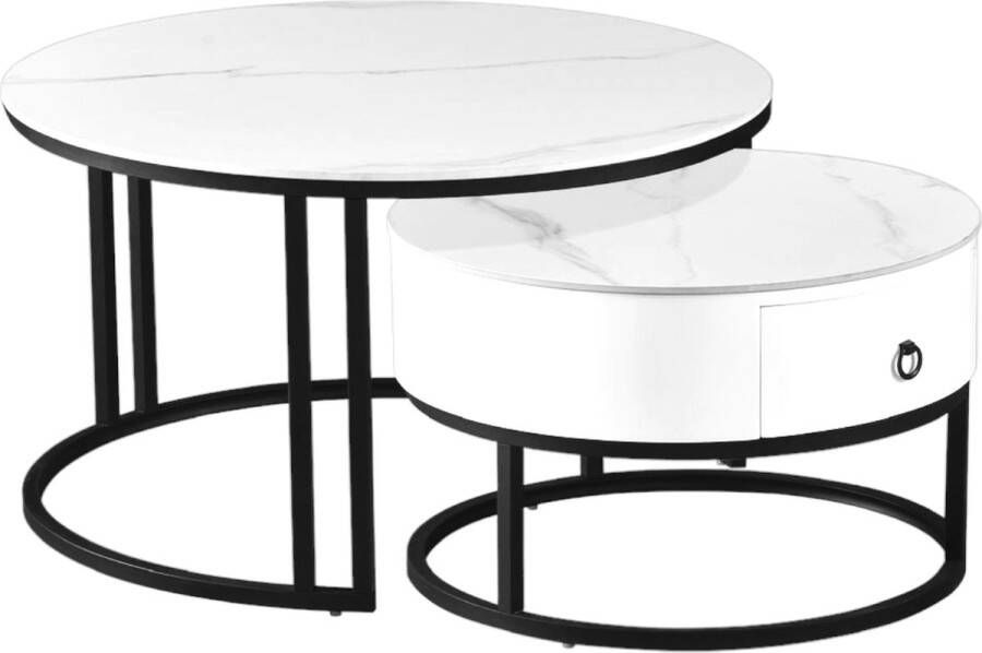 A&Z fancy Salontafels Ronde salontaels Set van 2 ronde tafels Industriële Stijl 80x80x50Cm Wit Met opslagruimte - Foto 2