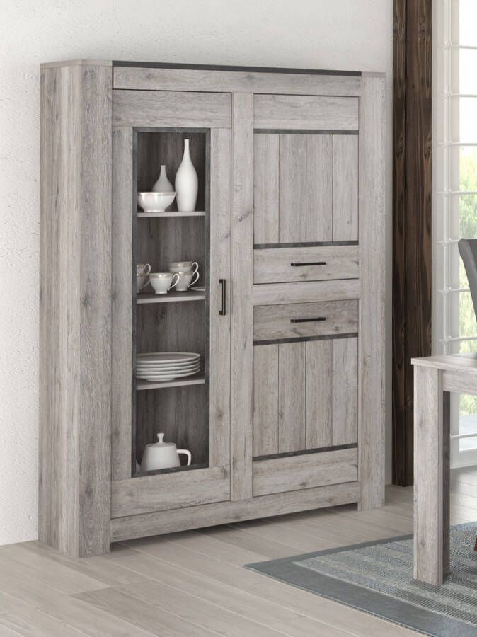 A-Meubel Tollebeek Vitrinekast Grijze houtlook 2 deuren 1 deur met glas 187 x 132 x 40 cm