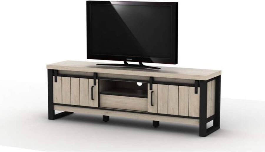 A-Meubel Twello TV meubel 165 x 39 x 54 cm 2 schuifdeuren 1 lade 1 open vak Houtlook Zwarte accenten
