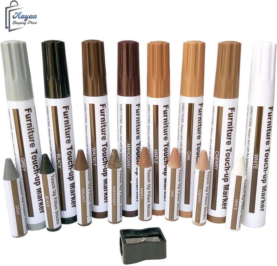 Aayan Meubel Reparatie set – 8 stiften & 8 Waskrijtjes – Hout Reparatie Marker Set met Puntenslijper – Voor Krassen en Beschadigingen Meubelonderhoudsmiddel 32504