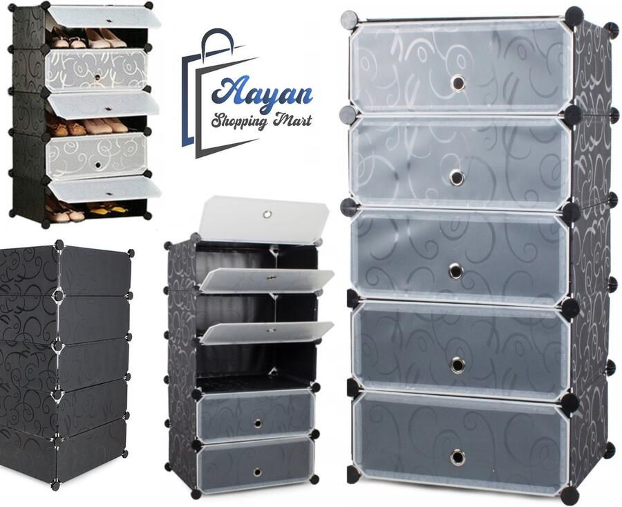 Aayan Ruimtebesparende en stijlvolle schoenenkast met 3 modules en 5 planken Multifunctionele schoenen- en opbergkast met transparante deuren Waterdichte en duurzame modulaire schoenenkast 23427