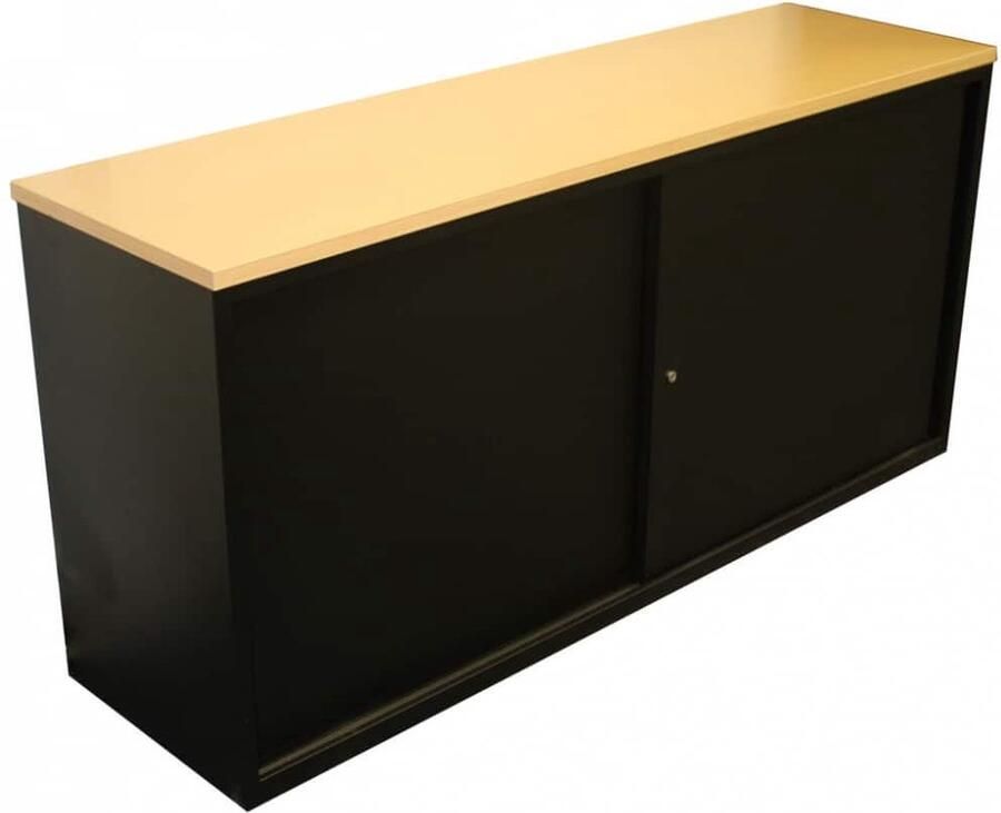 ABC Kantoormeubelen Lage schuifdeurkast 72 50x166x40 Lichtgrijs met topblad Noten Hickory