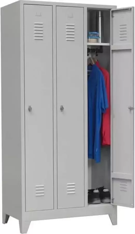ABC Kantoormeubelen Industriële locker garderobekast 3- delig grijs met pootjes en cilinderslot