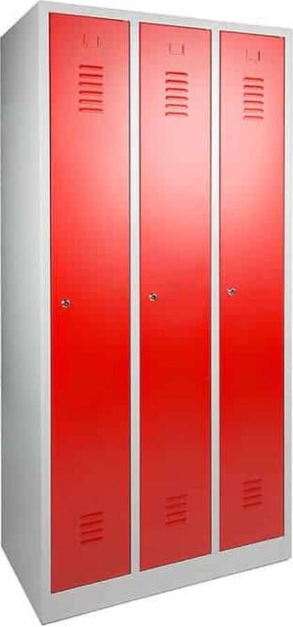 ABC Kantoormeubelen Industriële locker garderobekast 3- delig rood op de sokkel en opening voor hangoogsluiting (zonder hangslot geleverd)