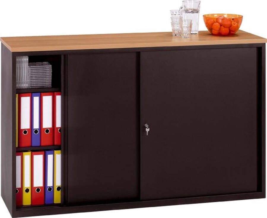 ABC Kantoormeubelen Lage schuifdeurkast breed 160CM diep 40CM hoogte 100CM bladkleur Noten Hickory framekleur Wit (RAL9010)