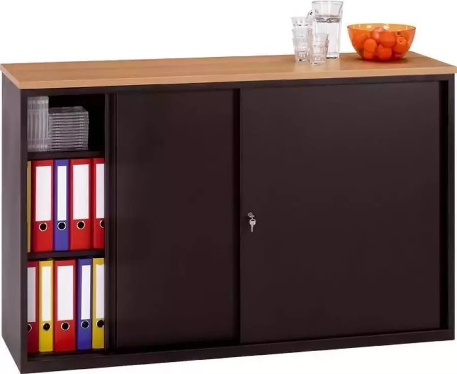 ABC Kantoormeubelen Lage schuifdeurkast 100x160x45 breed 160CM diep 45CM hoogte 100CM bladkleur Beuken framekleur Wit (RAL9010)