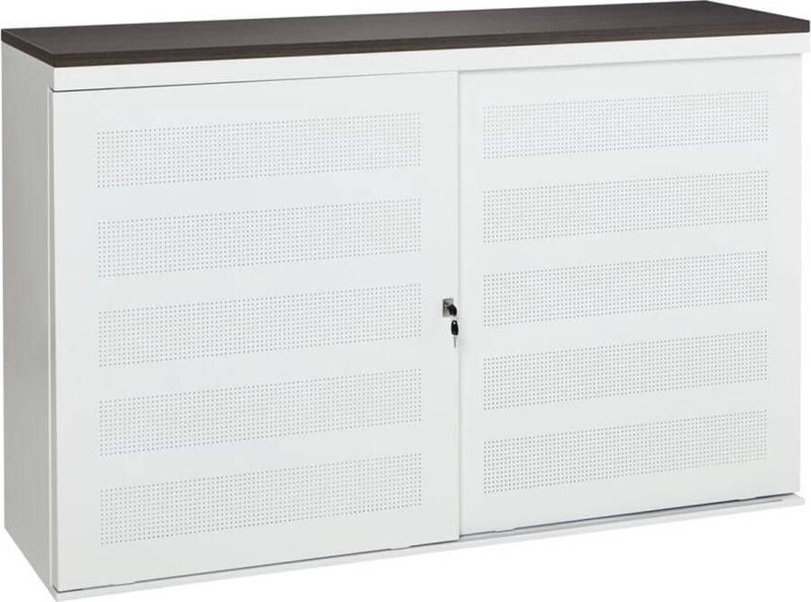 ABC Kantoormeubelen schuifdeurkast met geperforeerde deuren breed 160cm diep 45cm hoogte 100cm bladkleur ahorn framekleur wit (ral9010)
