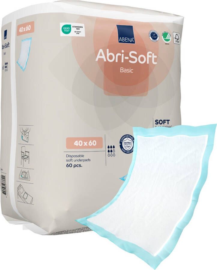 Abena Abri-Soft Basic Wegwerp Onderleggers Incontinentie 60 Onderleggers Voor bescherming van Matras Bank of Stoel Tot 800ml absorptie Waterdicht Duurzaam 40 x 60 cm