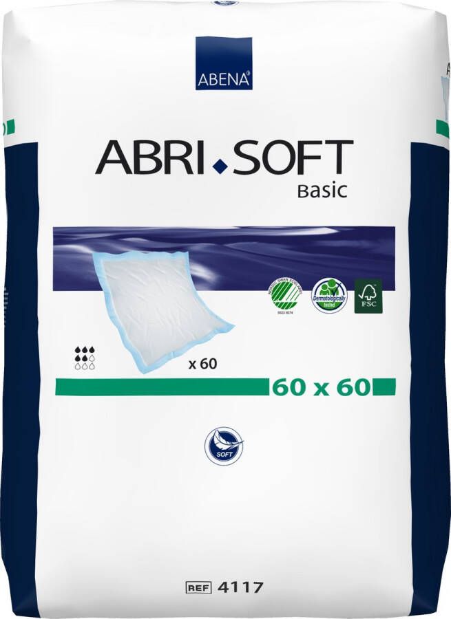 Abena Abri-Soft Basic Wegwerp Incontinentie Onderleggers 60 Onderleggers Voor bescherming van Matras Bank of Stoel Tot 1.075 ml absorptie Waterdicht Duurzaam 60 x 60 cm