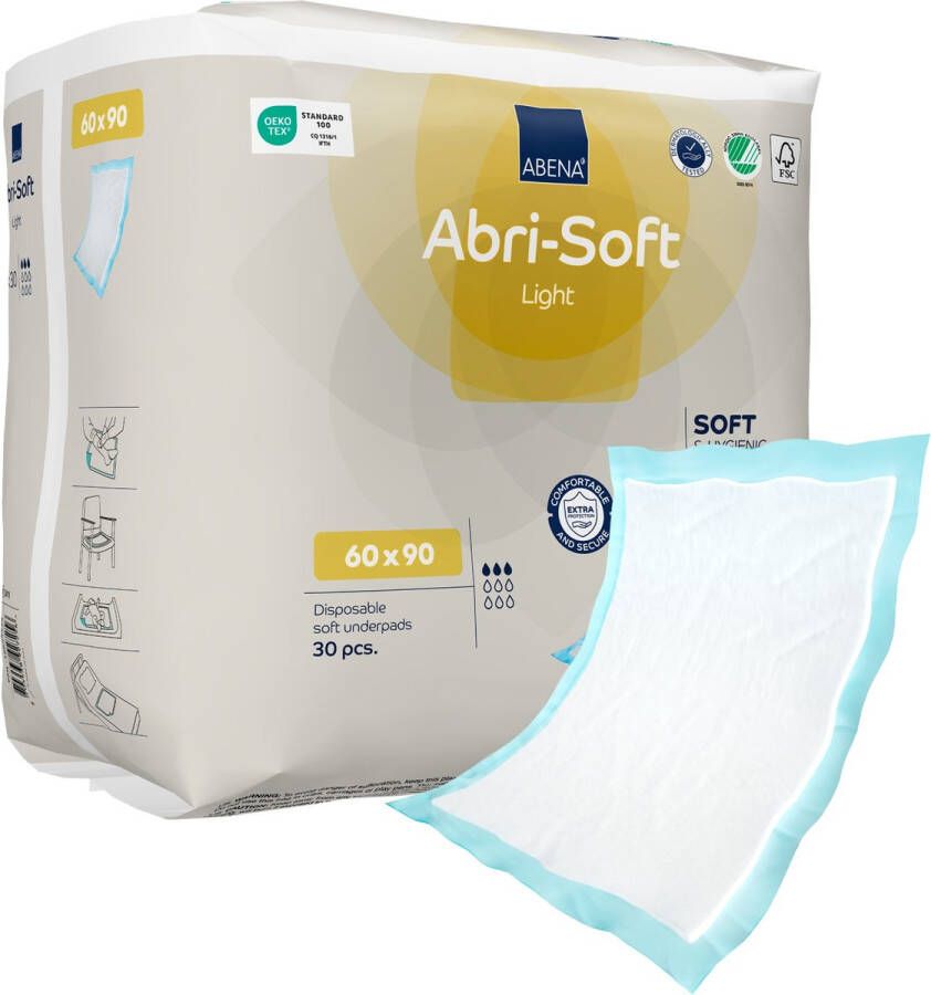 Abena Abri-Soft Light Wegwerp Onderleggers Incontinentie 30 Onderleggers Voor bescherming van Matras Bank of Stoel Tot 700ml absorptie Waterdicht Duurzaam 90 x 60 cm