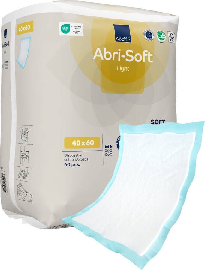 Abena Abri-Soft Light Wegwerp Incontinentie Onderleggers 60 Onderleggers Voor bescherming van Matras Bank of Stoel Tot 700ml absorptie Waterdicht Duurzaam 40 x 60 cm