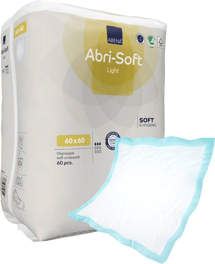 Abena Abri-Soft Light Wegwerp Onderleggers Incontinentie 60 Onderleggers Voor bescherming van Matras Bank of Stoel Tot 700ml absorptie Waterdicht Duurzaam 60 x 60 cm