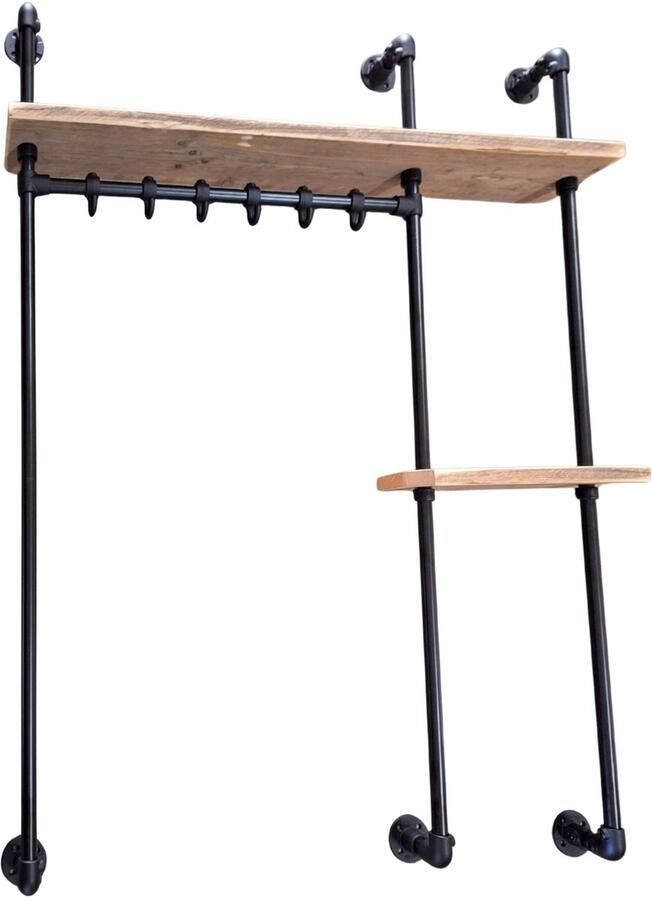 Absteigerhout Kapstok Industrieel – 120cm Zwart Steigerbuis 2 planken – 6 haken