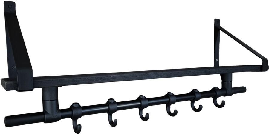 Absteigerhout Kapstok Industrieel Zwart – 90 cm – Steigerbuis Wandkapstok met Houten Plank 6 Haken & Zwarte Plankdragers