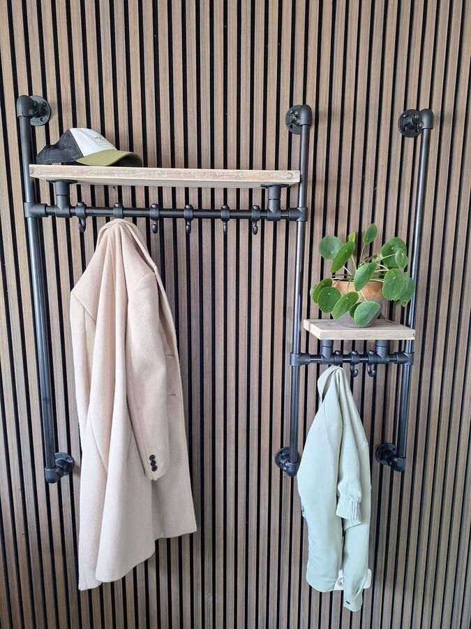 Absteigerhout Kapstok Industrieel Zwart Steigerbuis met 2 houten planken – 120cm – Wandkapstok met 9 haken
